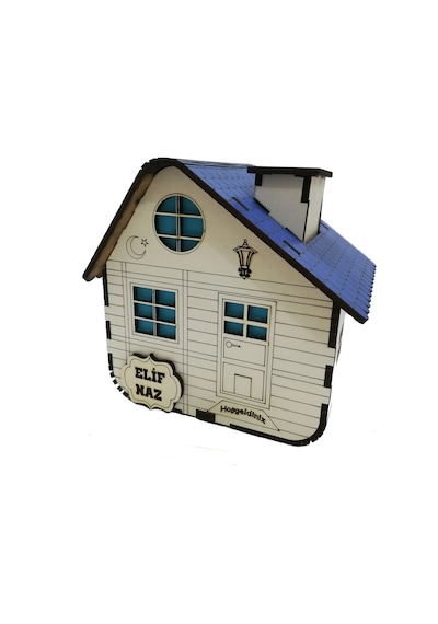 Kişiye Özel Dekoratif Ahşap Mavi Dağ Evi Kumbara -Tipbox