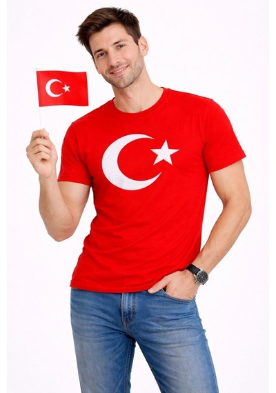Erkek T-shirt Kısa Kol Bisiklet Yaka Ay Yıldız Bayrak Baskılı Tişört - Kırmızı
