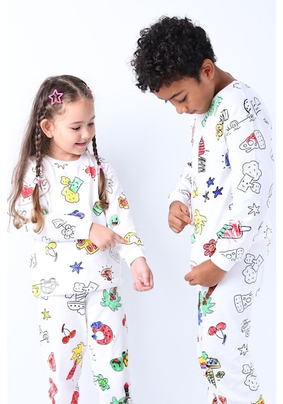 Zuzunga En Sevimli Figürleri Özel Kalemi İle Boyanabilir Çocuk Pijama Takımı - Yıkama Sonrası Leke Bırakmaz - Beyaz