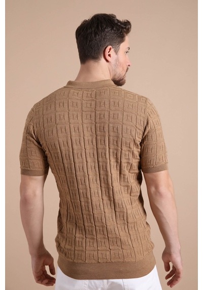 Ferraro Camel Polo Yaka Fermuarlı Erkek Pamuk Triko T-Shirt-Kahverengi (490417687) Kahverengi