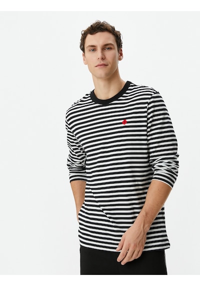 Koton Bisiklet Yaka Sweatshirt Çiçek Nakışlı Pamuklu Siyah Çizgili 4wpm70001hk Siyah