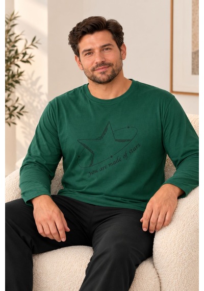 Nisanca Mevsimlik %100 Pamuk Büyük Beden Erkek Pamuk Pijama Takımı Yesil