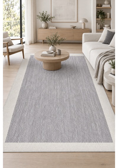 Trama Sisal Görünümlü Gri Ekru Modern Polyester Halı Robot Süpürgeye Uyumlu Mutfak Koridor Yolluk Gri/ekru