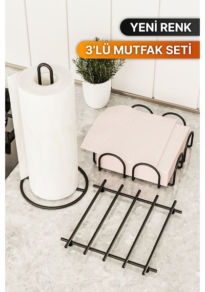 Bino Servis Sunum Seti Havluluk Peçetelik Nihale Paslanmaz Çelik Mat Siyah Metal 3 Lü Mutfak Seti