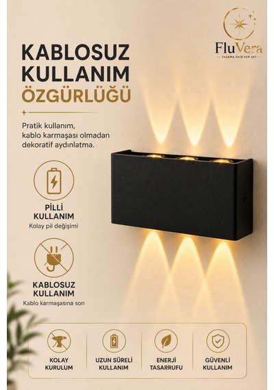 Pilli Amber 12w 3 Led Çift Taraflı Siyah Duvar Aplik Dekoratif Led Aydınlatma İç Dış Mekan Siyah