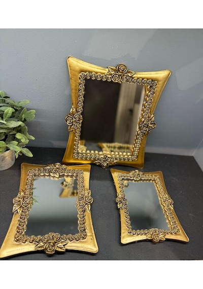 Dekoratif Polyester Üçlü Kare Ayna Takımı Gold Eskitme