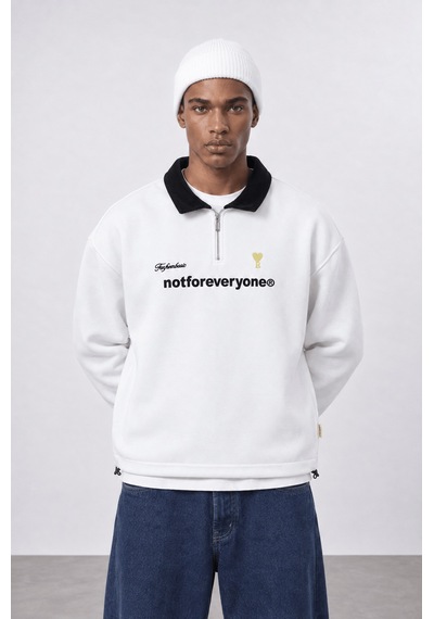 Respire Erkek Not For Everyone Nakışlı Polo Yaka Oversize Sweatshirt Ekru