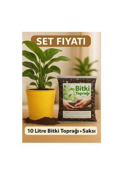 Saksı Değişim Seti - 10 Litre Böcek Sinek Yapmayan Organik Çiçek Toprağı + 9,5 Litre Dekoratif Saksı 10 L