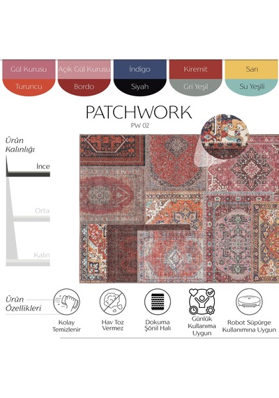 Cool Halı Patchwork Kırmızı Kiremit Vintage Eskitme Bohem Şönil İnce Halı Salon Oturma Odası Halısı