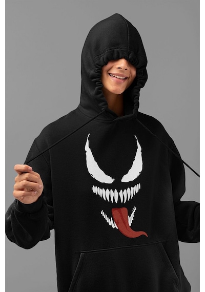 Sevbano Tasarım Venom Karakter Baskılı Unisex Oversize Hoodie Siyah