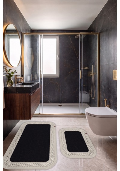 Banyo Paspası Takımı 70x110+50x70 Cm İç Trikot Siyah & Krem Siyah - Krem