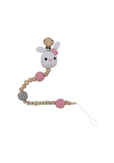 Bebegen Kız Bebek Amigurumi Beyaz Pembe Tavşanlı Organik Ahşap Boncuklu İsimli İsme Özel Emzik Askısı Çok Renkli