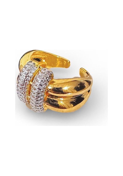 Çelik Ring Yüzük Zirkon Taşlı Ayarlanabilir Altın Renk Metalik