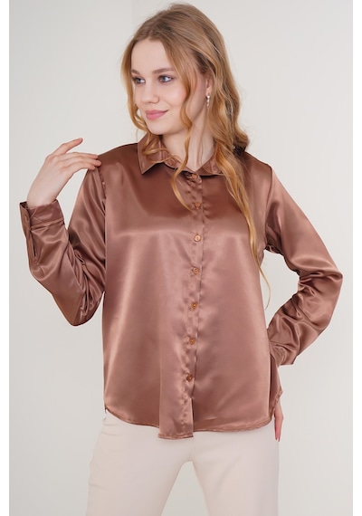 Bigdart 3964 Hafif Dökümlü Saten Gömlek - Taba 001