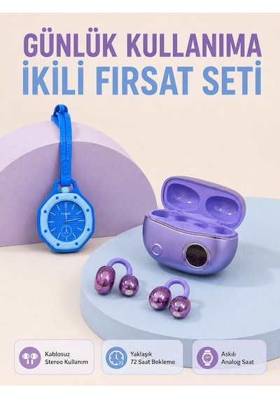Kablosuz Kulaklık Ve Mavi Çanta Charm Saat İkili Set Taşınabilir Günlük Kullanım Altın