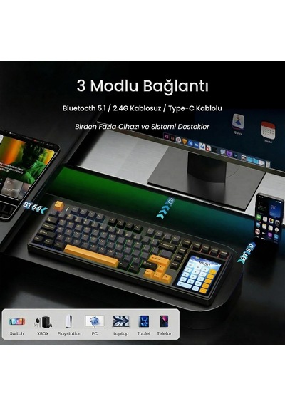 L99 4" Akıllı Dokunmatik Ekranlı 3 Modlu Rgb Hot Swap Caramel Latte Switch Mekanik Kablosuz Oyuncu Klavyesi Bej