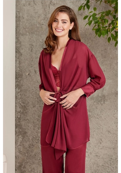 Pierre Cardin 7025 Kadın Bordo 4'lü Saten Takım Gelin Set Bordo