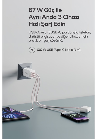 Hızlı Şarj Adaptörü 67w Gan + Type-c Kablo 100w Pd 3 Port, İphone & Samsung Uyumlu V0102010