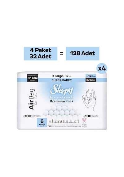 Sleepy Bio Natural Premium Plus Airbag Comfort Ultra Paket Bebek Bezi 6 Numara Xlarge 128 Adet