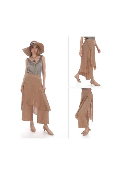 Bohem Stil İtalyan Ham Keten Pantolon Etek-8747 Camel