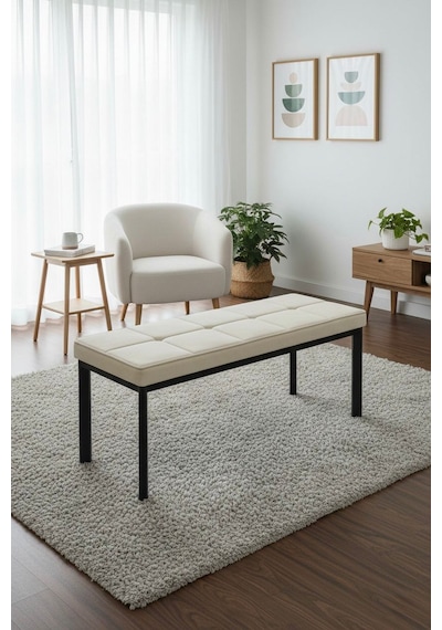 Vena 105x40 Bench - Babyface Kumaş Çımalı Döşeme Puf Bench Siyah Ayaklı Krem
