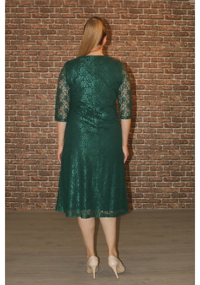 Nidya Moda Büyük Beden Sıfır Yaka Dantel Elbise-4036Y Çok Renkli