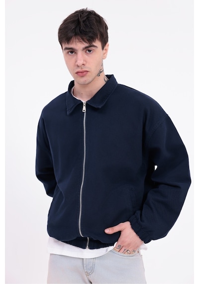 Mero Life Erkek Basic Old Money Fermuarlı Oversize Mevsimlik Polo Yaka Gabardin Kumaş Lacivert Ceket