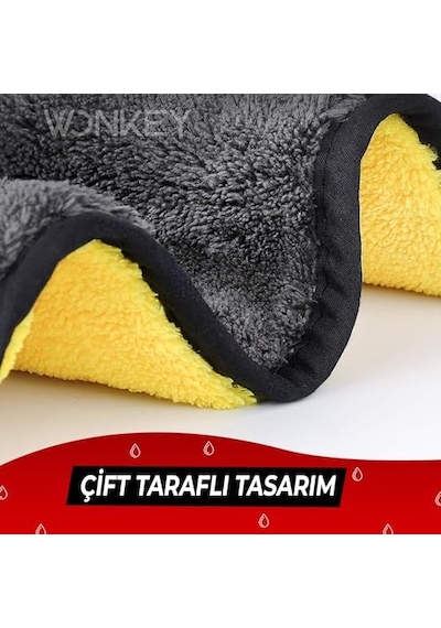 Wonkey - Ultra Kalın Mikrofiber Oto Araba Yıkama Kurulama Havlusu 60x30 Cm, Orta Boy Çift Katlı Araç Kurutma Ve Torpido Silme Bezi Sarı-gri