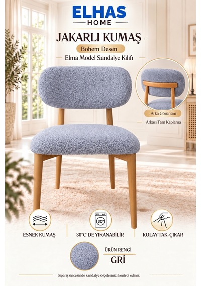 Jakarlı Kumaş Bohem Desen Tam Kaplama Elma Model Sandalye Kılıfı 2 Parça 1 Adet Gri - 937448492 Gri