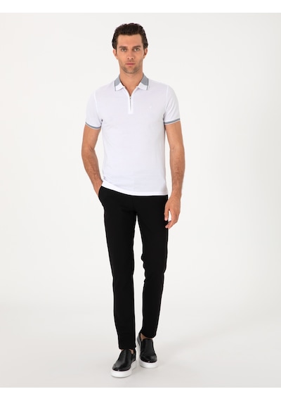 Beyaz Slim Fit %100 Pamuk Fermuarlı Polo Yaka T-shirt