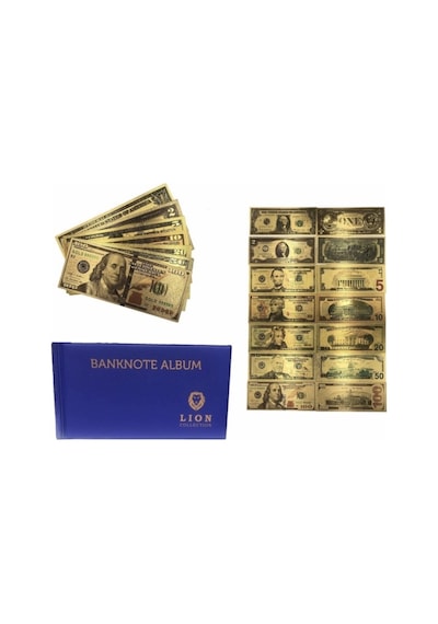 Kağıt Para Koleksiyonu Başlangıç Seti - Kağıt Para Albümü Ve 7 Li Altın Varaklı Dolar Seti - Mavi