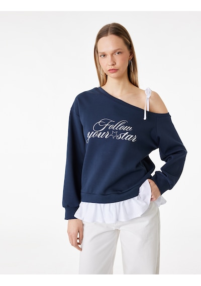 Koton Fiyonk Detaylı Pamuklu Uzun Kollu Asimetrik Yaka Baskılı Sweatshirt Lacivert 6sal10379ık