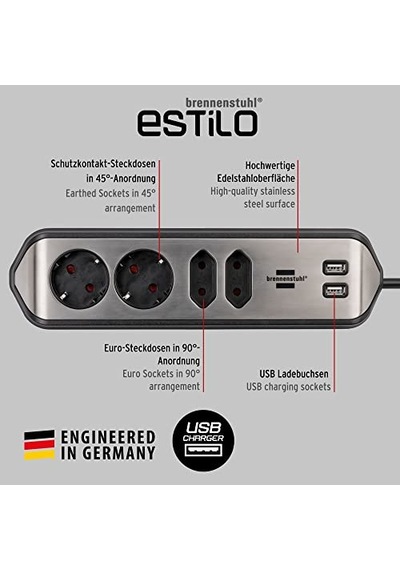 Köşe Priz Çubuğu - 4'lü Yüksek Kaliteli Paslanmaz Çelik Yüzeyli 2 Schuko Ve 2 Euro Priz Usb Şarj Fonksiyonlu G 0