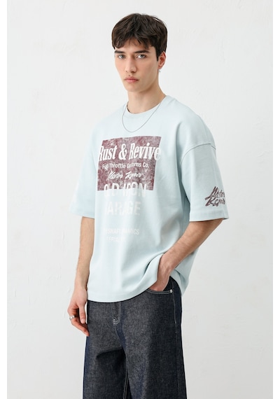 Vamos Oversize Baskılı Tişört V70-167 Bebe Mavi