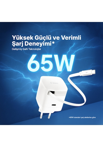Ttec Smartcharger Gan 65W PD Seyahat Hızlı Şarj Aleti USB-C + Dahili PD 65W 70 CM USB-C Şarj Kablosu