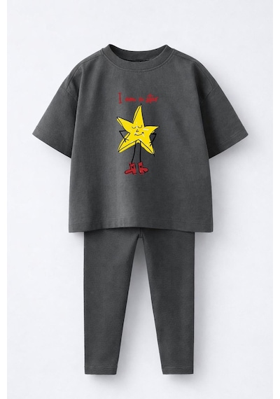 Monila Kız Çocuk Pamuklu Yıldız Baskılı T-shirt Ve Fitilli Tayt 2'li Takım Antrasit