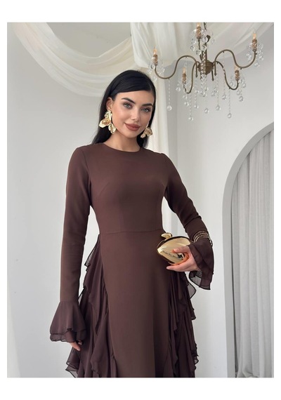 Nils Butik Fırfır Detaylı Abiye Elbise Kahverengi