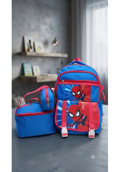 İlkokul 3 Lü Set Karekter Desenli Laptop Bölmeli Kalemlik,beslenme Çantalı Erkek Çocuk Okul Sırt Çantası 41 27 17 Cm Mavi
