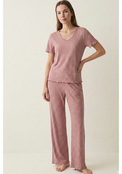 Elemge Kadın Bambu Pamuk Pijama Takımı Gül Kurusu Fitilli Regular Fit Alt & Üst İnce Kısa Kol Lastkli Esnek