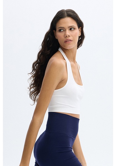 SubTone Boyundan Geçmeli Ribli Crop Top Beyaz