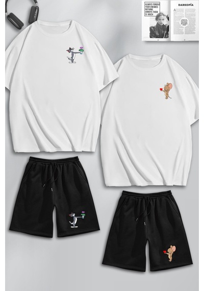 Unisex Kadın Erkek Çiçekli Tom Ve Jerry Baskılı Sevgili Çift Kombini Tasarım Oversize Tshirt Ve Şort Beyaz Siyah Mck0400 Çok Renkli