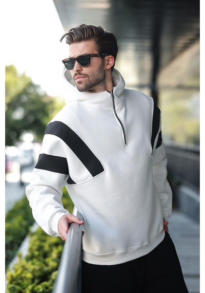 Madmext Ekru Fermuarlı Yaka Kapüşonlu Erkek Sweatshirt E7161 Ekru