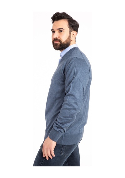 Nacar Store Erkek İndigo V Yaka Triko Kazak Indigo
