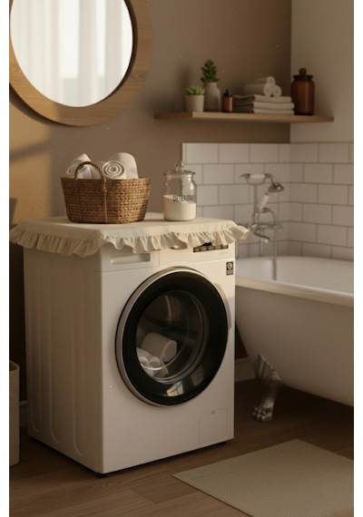 Vintage Fırfırlı Çamaşır Makinesi Örtüsü - Çeyizlik Pamuklu Dekoratif Banyo Makine Kılıfı Bej