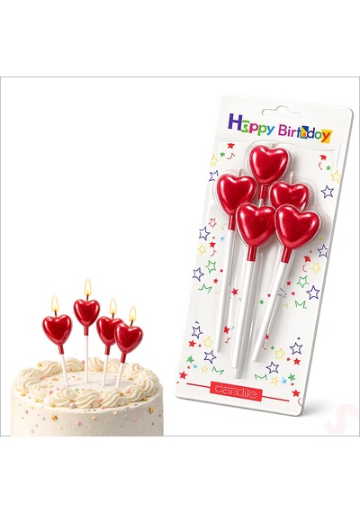 Çubuklu Metalik Kırmızı Kalp Mum - 13 Cm X 4 Adet