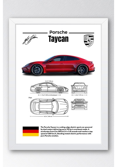 Porsche Taycan Tablo - Teknik Özellikli Elektrikli Spor Araba Poster - Çerçeveli Duvar Dekoru Beyaz