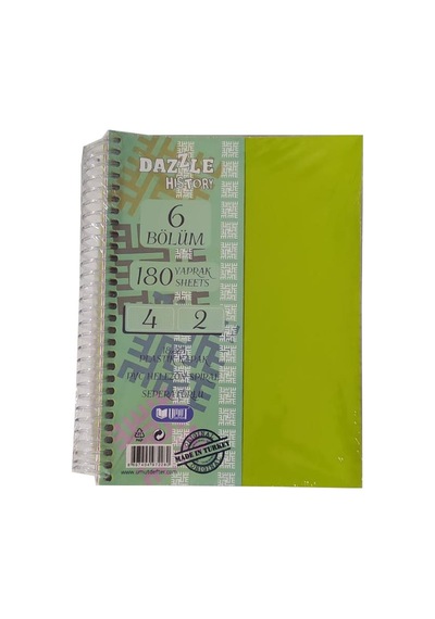 Orta Boy 4+2 Ayraçlı Defter 6 Konulu 180 Yaprak 1 Adet 4 Kareli 2 Çizgili Spralli Plastik Kapak Seperatörlü 18x25 Cm Yeşil