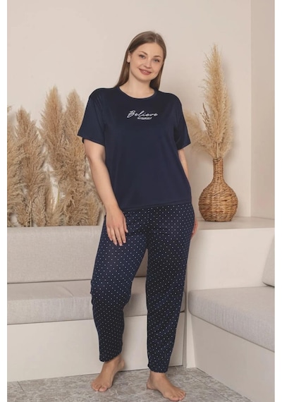 Sude Charme Kadın Büyük Beden Bisiklet Yaka Milan Likralı Kısa Kol Pijama Takımı K601/254 - 1 Adet Lacivert Sude Charme Kadın Büyük Beden Bisiklet Yaka Milan Likralı Kısa Kol Pijama Takımı K601/254 - 1 Adet Lacivert