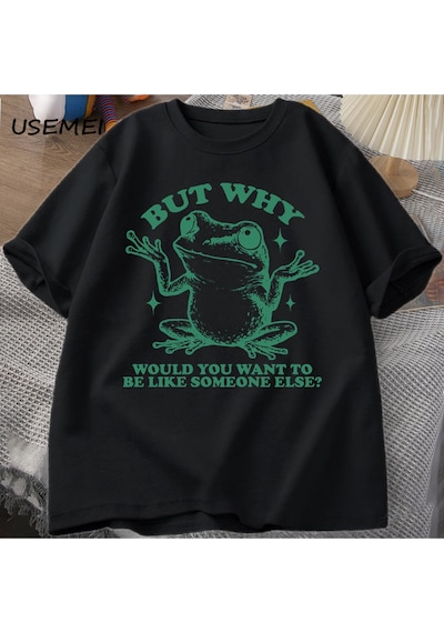 Flood Of Style Ama Neden Başka Biri Gibi Olmak İstersiniz T-shirt Erkekler Retro Komik Kurbağa Grafik T Shir Siyah