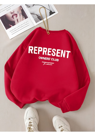 Startmore Kırmızı Unisex Erkek/kadın Renkli Represent Özel Baskılı Oversize Pamuklu Bisiklet Yaka